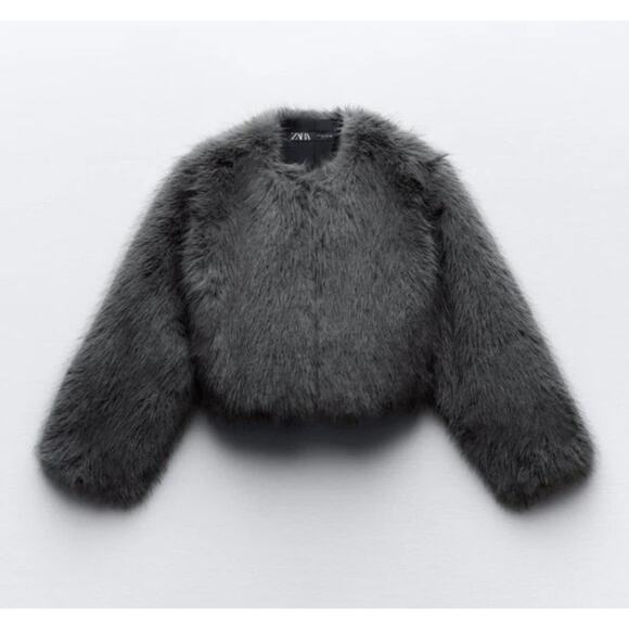 ZARA Blogger-Favorite Faux Fur Cropped Jacket Gray Hook & Eye XS 6318/261 - Picture 5 of 12
